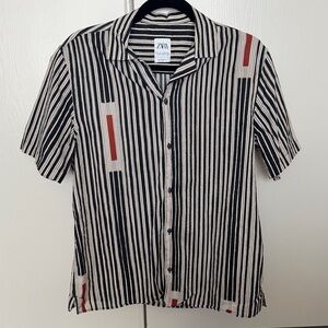 Zara Men's Black, White, and Red Striped Shirt